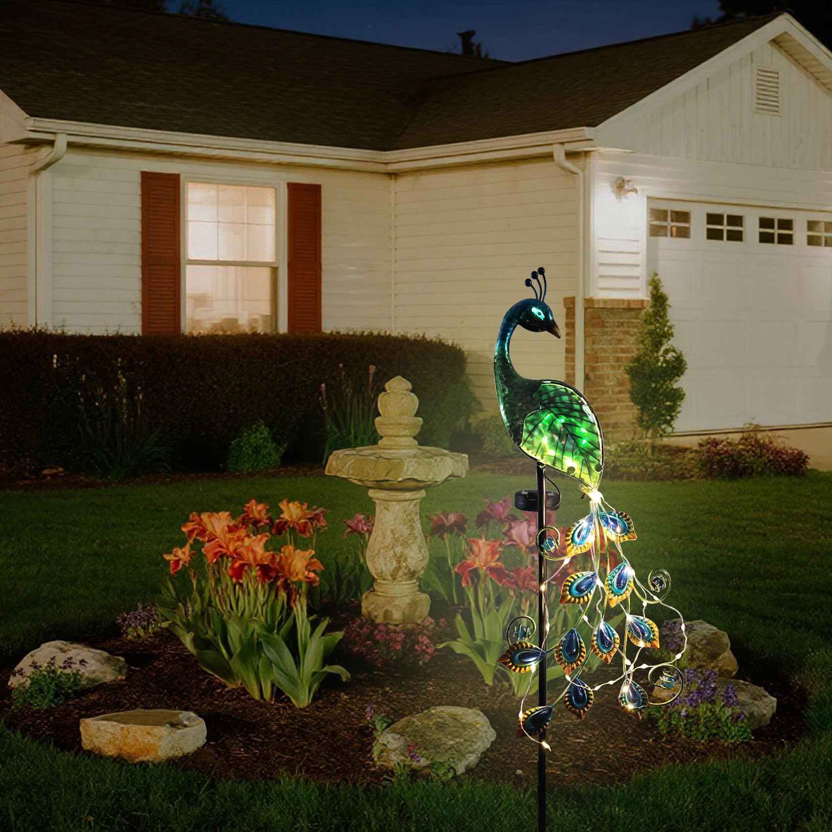 CBAXEAXM Solar Peacock Garden Stake Lights Outdoor, Waterproof Metal Glass Decorative Landscape Path Lights with Thick Stake Glow in The Dark Eye for Pathway Patio Lawn Yard