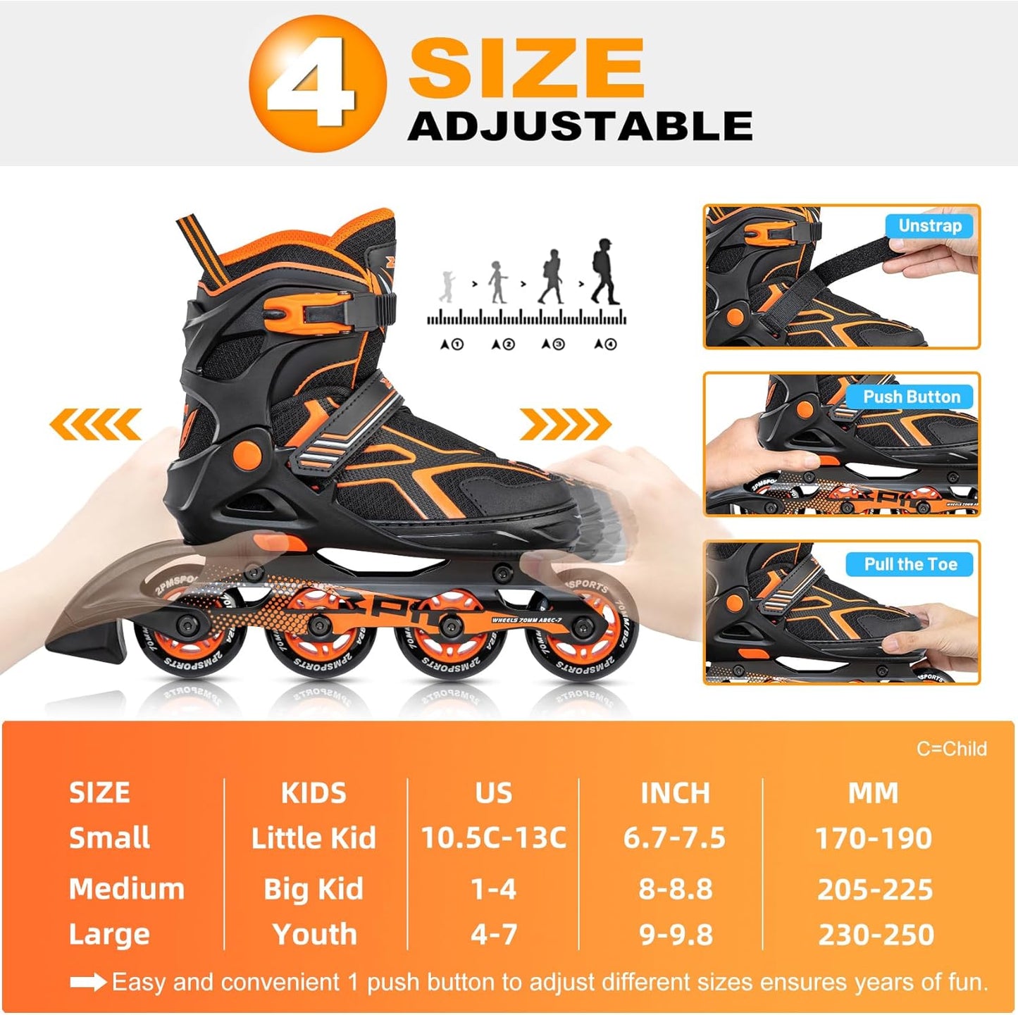 2PM SPORTS Torinx Green Inline Skates - Adjustable Beginner Roller Skates for Kids & Youth