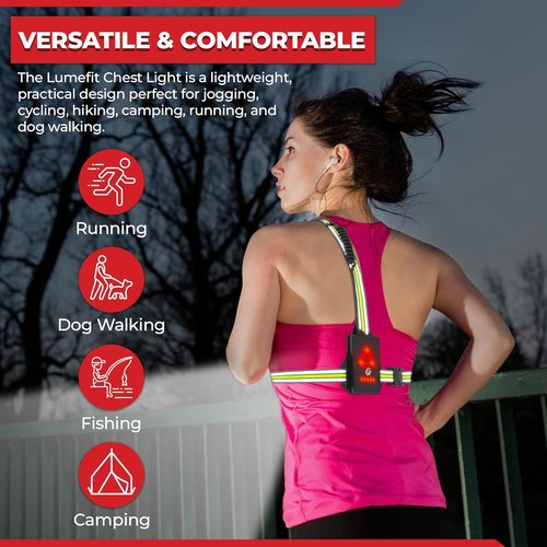 LUMEFIT Running Lights - Adjustable LED Chest Light for Night Safety | Yellow Reflective Vest Included
