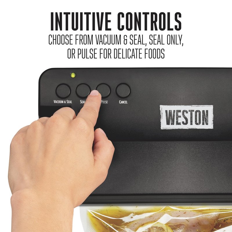 Weston Compact Food Vacuum Sealer Machine, Powerful 23” Hg Pump, For bags Up To 11” Wide, 100 Watts, Corner Guides for Easy Align, Intuitive Controls + Pulse Function, Black (65-2061-W)