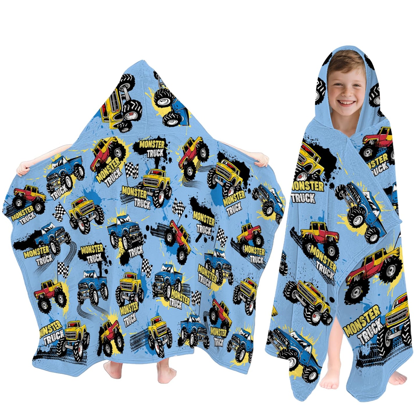 Fiwbnasz Truck Hooded Beach Towel for Kids, Monster Hooded Towels for Toddlers 30" x 50", Kids Beach Towels for Pool, Travel, Swim, Cars Wearable Bath Towel for Boys, Teens