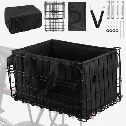 AUMENTAR Bike Basket Rear, Folding Rear Bicycle Basket with Liner Bag, Waterproof Cover & Cargo Net, 56lbs Capacity for Adult Bikes Carrying Dogs, Pets, Fruit & Grocery