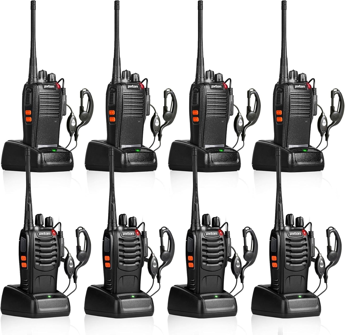 Pxton 777S & 888S Walkie Talkies - Long Range Rechargeable Two-Way Radios with Earpieces | 8 Pack