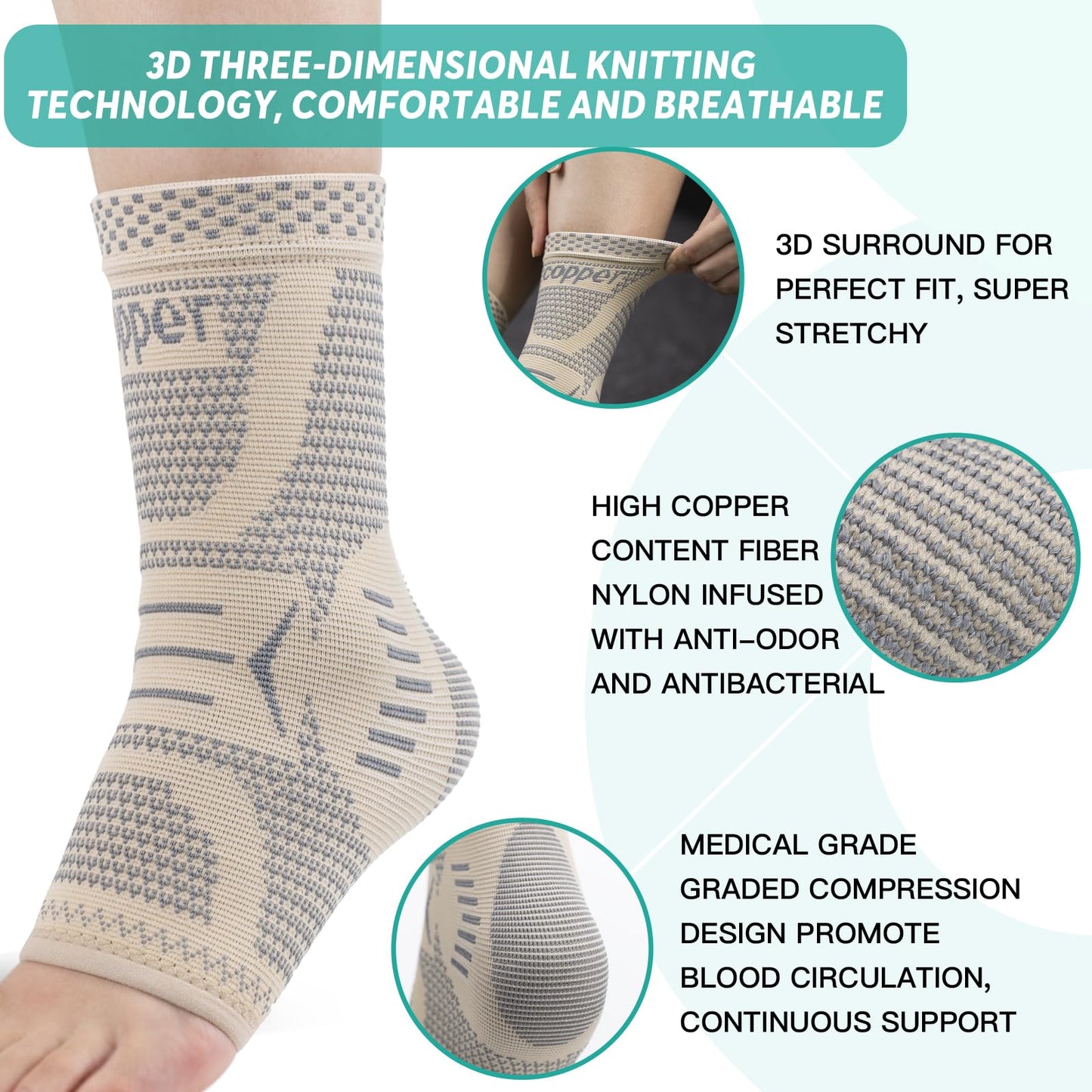 INDEEMAX Copper Infused Ankle Brace for Sprained Ankle, Ankle Compression Sleeve Ankle Support for Women & Men, Achilles Tendonitis Brace, Skin Silver, S