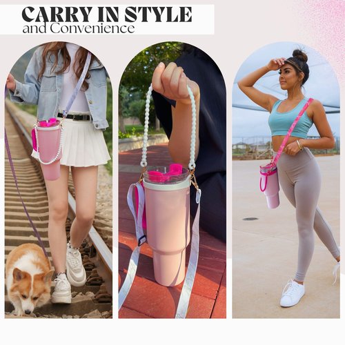 Water Bottle Tumbler Stanley Cup Strap and Handle Carrying Accessories Pink Prism Strap with Pink Silicone Handle – fits Universal 8 – 30/40 oz Bottle Sizes