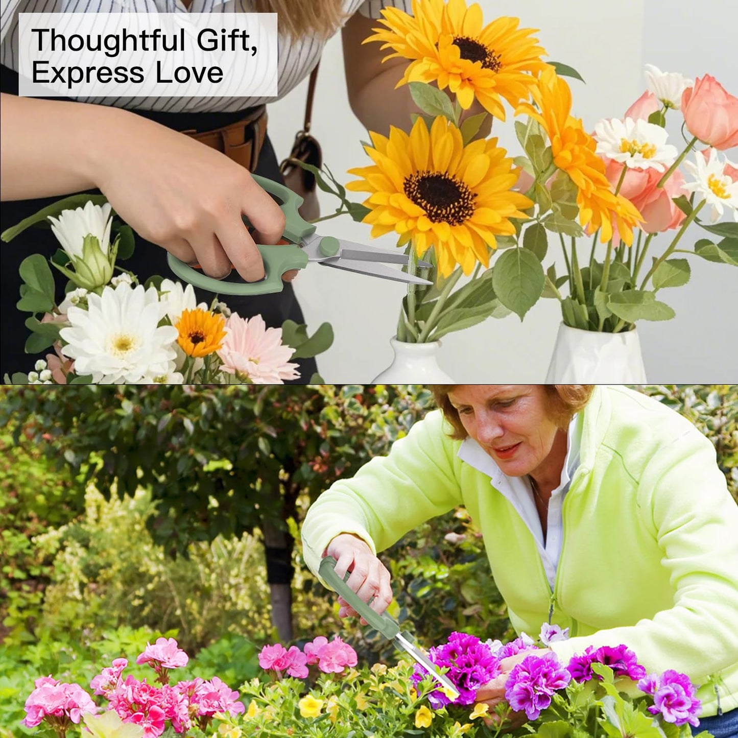 Housolution Flower Scissors, Strong Floral Shears,3PCS Premium Steel Garden Pruning Shears Floral Fruits Leaf Scissors Hand Pruner Snip Trimming Tool for Gardening Flower Arrangement, Green