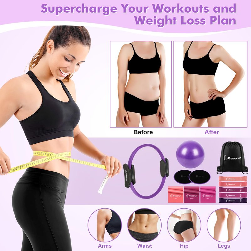 Goocrun Pilates Ring Set Exercise Equipment, with Exercise Resistance Bands Set, Pilates Ball, Sliding Disks. Portable Home Gym - with Fitness Guide Poster (Purple)