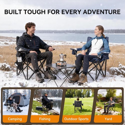 ceamorfco Heated Camping Chairs, Foldable Camping Chairs with 2 Cup Holders for Outdoor Sports,Folding Chair with 3 Heating Level for Back and Seat, Supports 400Lbs, Battery Not Include, Black & Grey