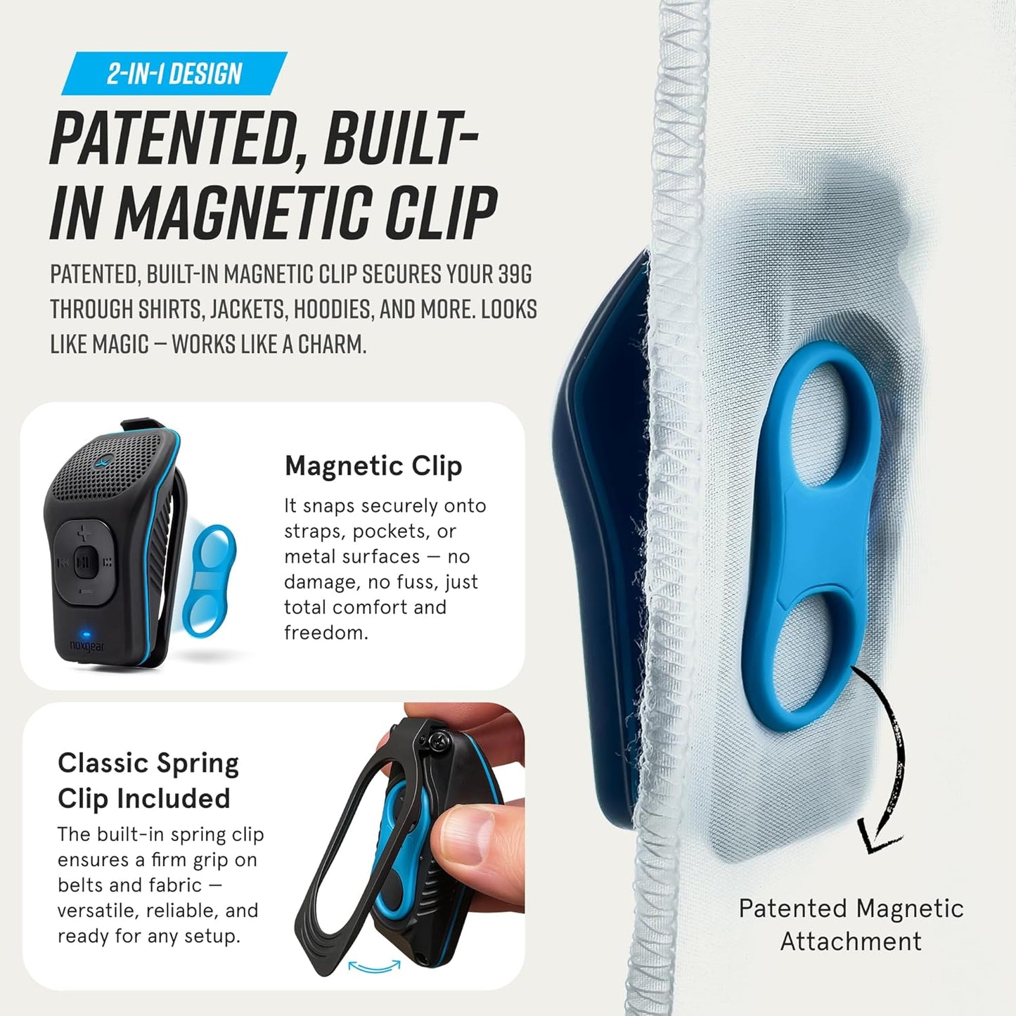 Noxgear 39G Wearable Bluetooth Speaker - Magnetic Clip-On, Waterproof, 15 Hours Playtime | 100ft Range, Microphone