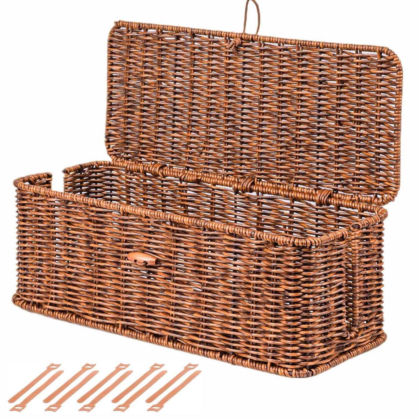 BROWNLILY Cable Management Box, Rattan Style Cord Organizer for Desk Cord Hider Outlet Covers Baby Proofing for Power Strip TV PC Router Charger Under Desk Storage with Lockable Lid and Cable Ties