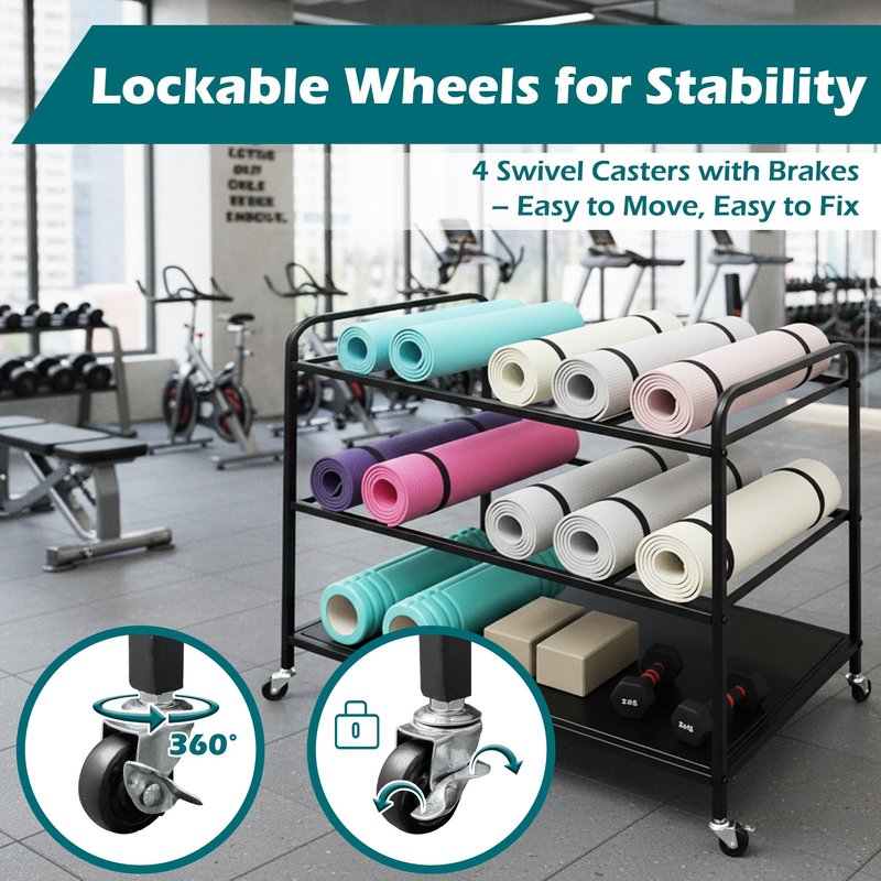 VERSSURE Yoga Mat Storage Basket,Yoga Mat Rack with Lockable Wheels,Holds up to 90lbs Gym Equipment Organizer Holder for Dumbbells, Kettlebells and Foam Rollers (Black)