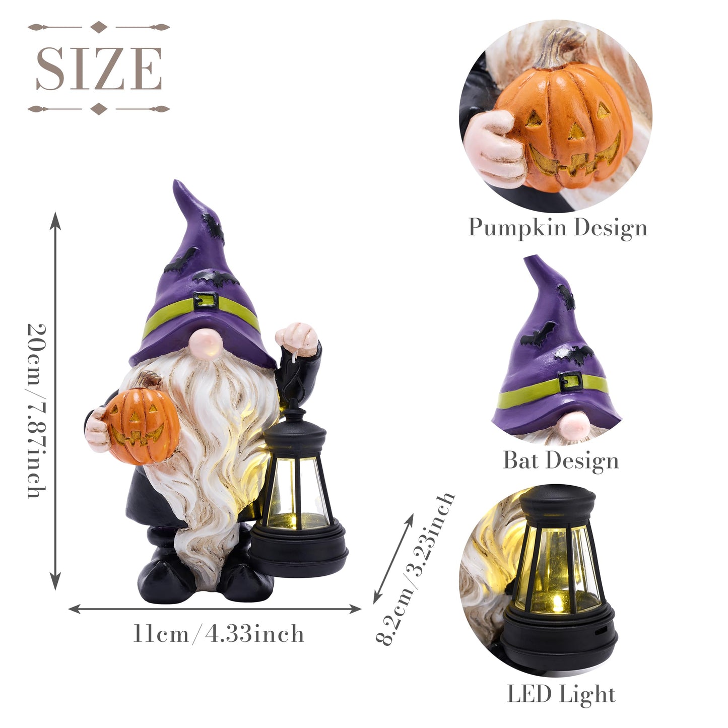 TERESA'S COLLECTIONS Halloween Decorations Garden Gnomes Statues with Solar Lights,Cute Purple Bat Hat Resin Decor with Lantern for Home,Table,Outdoor,Yard,Pumpkin Jack-o-Lanterns,Gifts for Party,8"