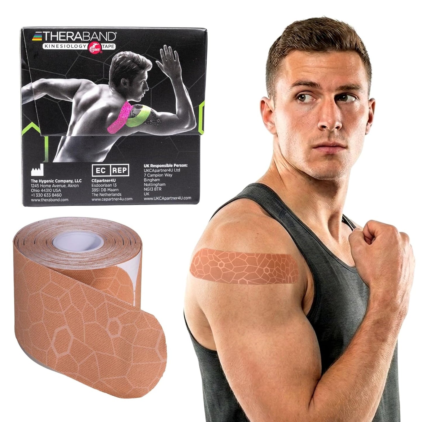 TheraBand Kinesiology Tape - Long-Lasting Beige Athletic Tape with XactStretch Indicators | Latex-Free & Water Resistant for Shoulder, Back & Knee