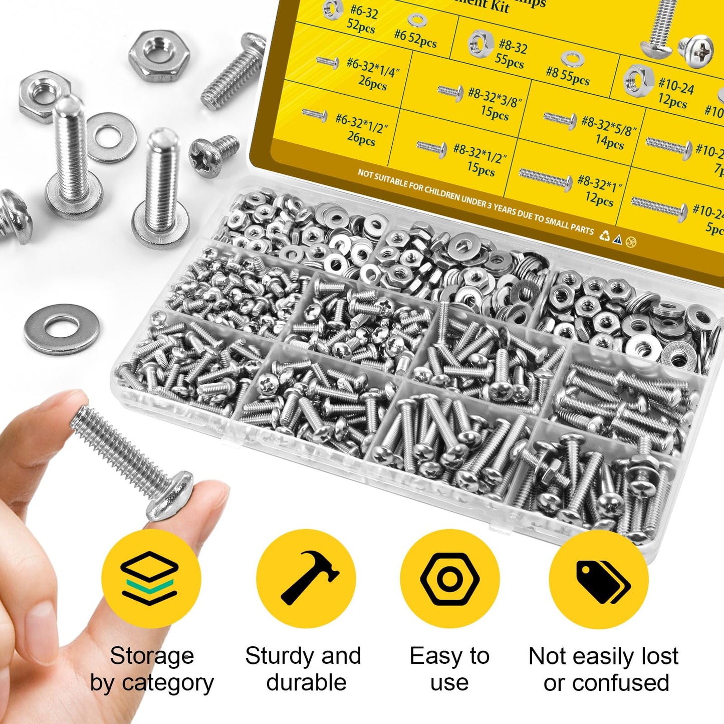 Fgruh 358PCS Machine Screws and Nuts Assortment Kit, #6-32#8-32#10-24 Phillips Pan Head Bolts Assorted, 304 Stainless Steel Nuts Bolts and Flat Washers Set