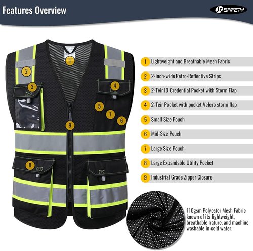 JKSafety Hi-Vis Reflective Safety Vests - High Visibility Mesh Vest with Pockets | Neon Black (L)