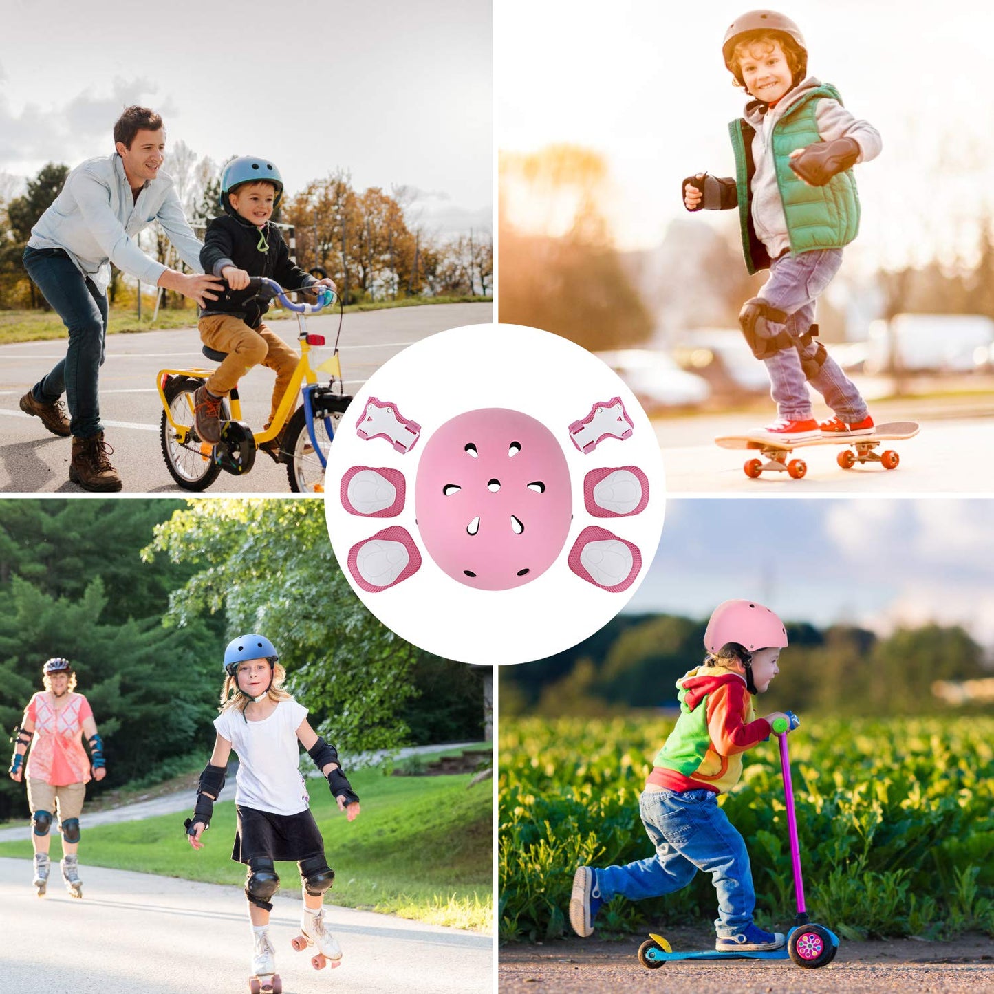 WayEee Kids Bike Helmet Set Skateboard Knee Pads, 7PCS Protective Gear Adjustable for Girls Boys 3-10 Age Elbow Pads Wrist Guards for Outdoor Sports Cycling Bike Roller Skating Scooter, Youth, Pink