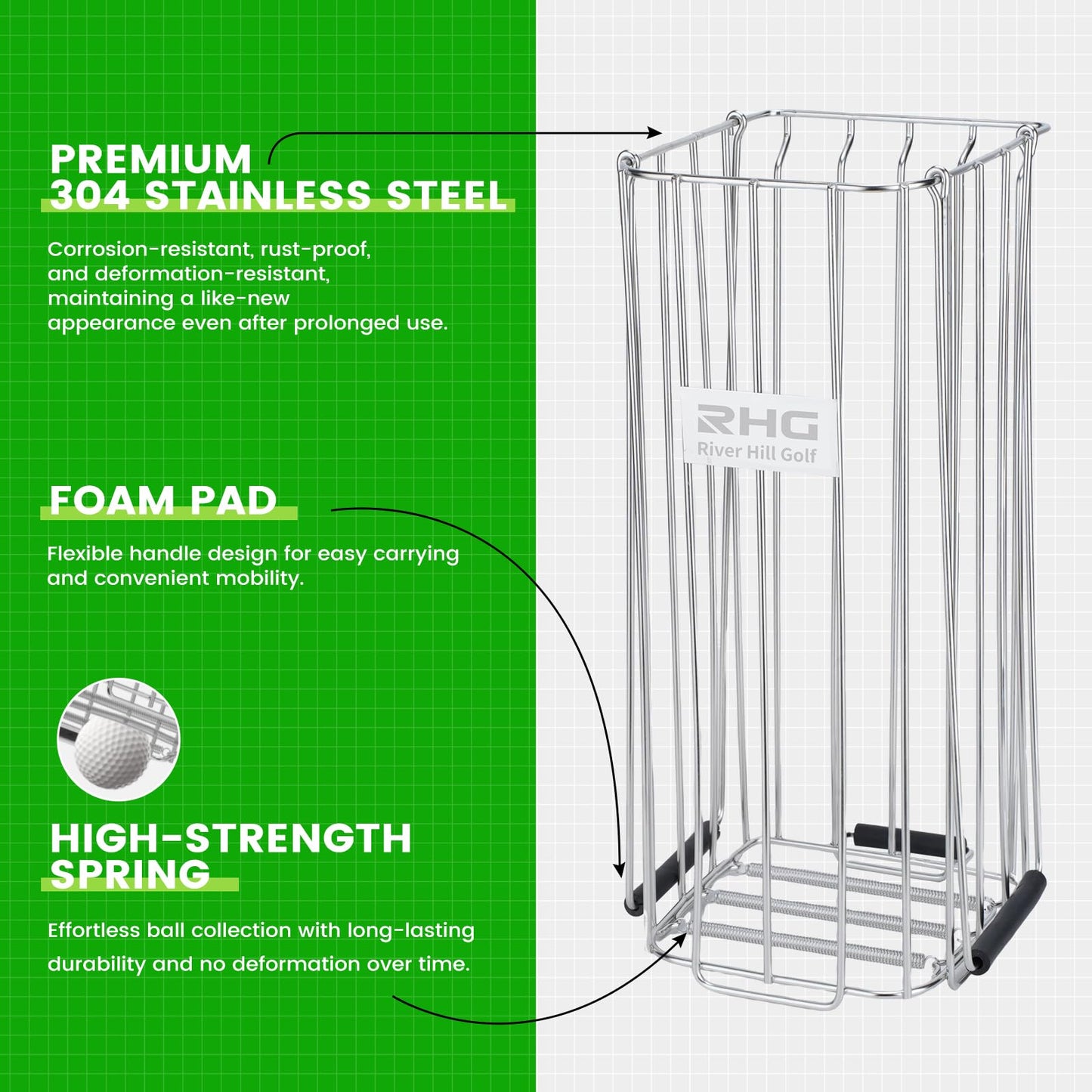 Golf Ball Retriever, 304 Stainless Steel Golf Ball Picker Upper, 2-in-1 Design Golf Ball Collector and Basket Hold Up 140 Balls, Rust-Free Shag Bag Grabber Collector Tool Bucket Simulator Accessories