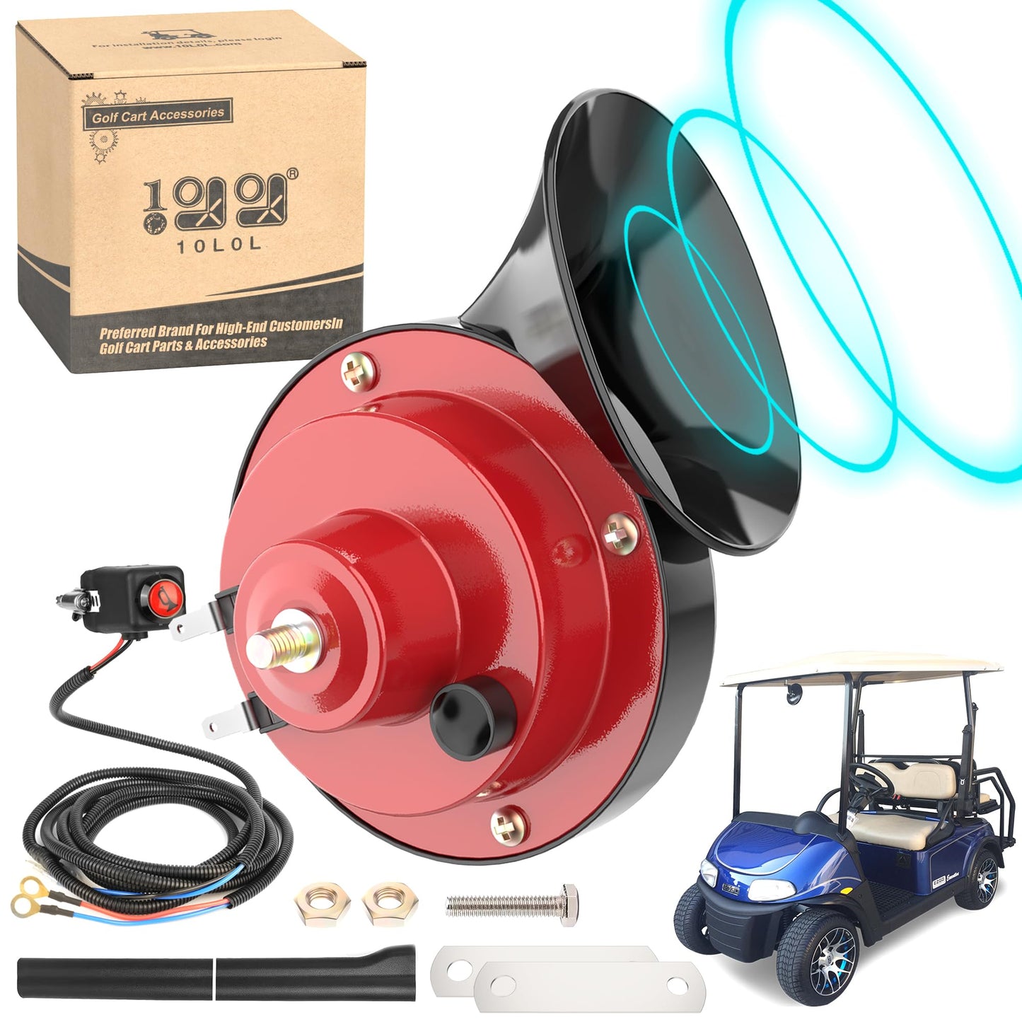 10L0L Upgrade Golf Cart 12 Volt Horn Kit, Hand Steering Mount Button, Horn Switch and Wire Harness Assembly Universal Fit for Yamaha, Club Car, EZGO, ATV, UTV, Boat