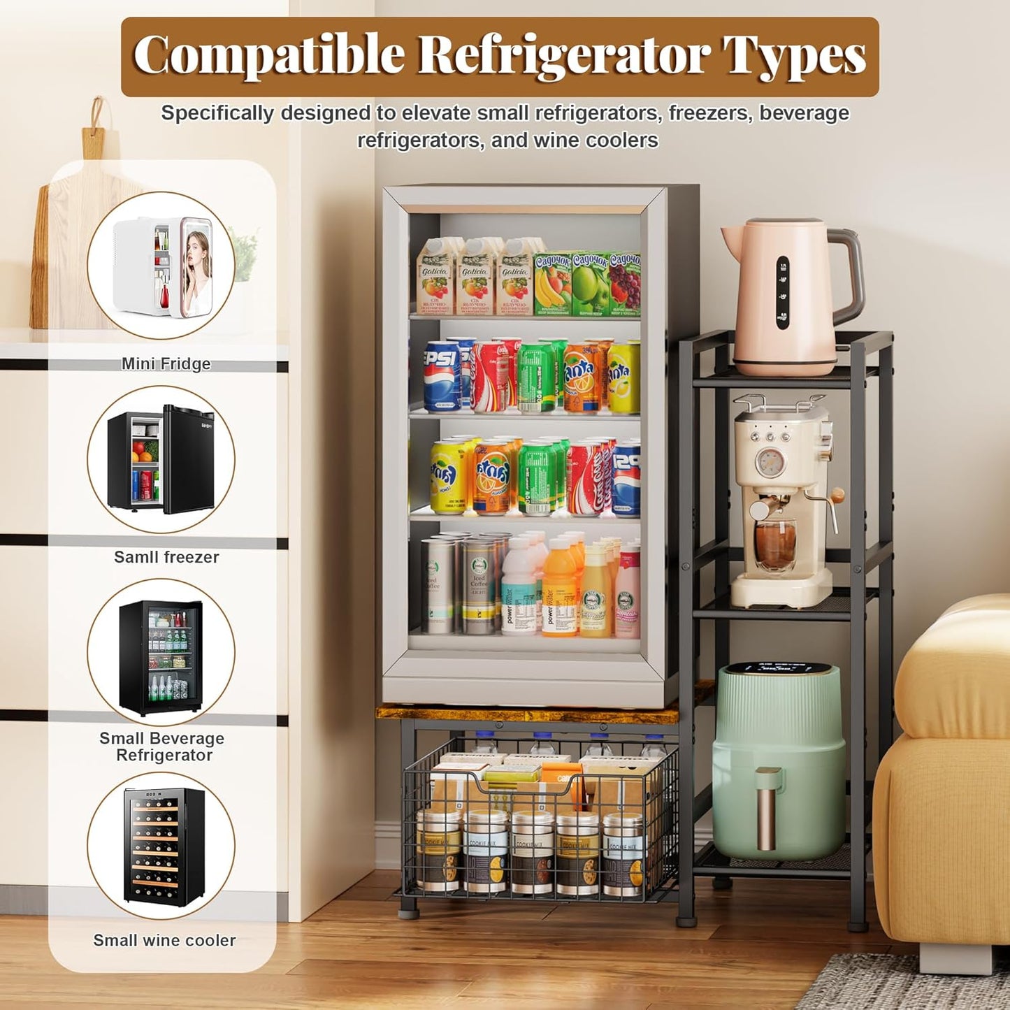 Yuyetuyo Mini Fridge Stand - Stylish Coffee Bar & Wine Cabinet with Storage Basket | Perfect for Dorms & Offices