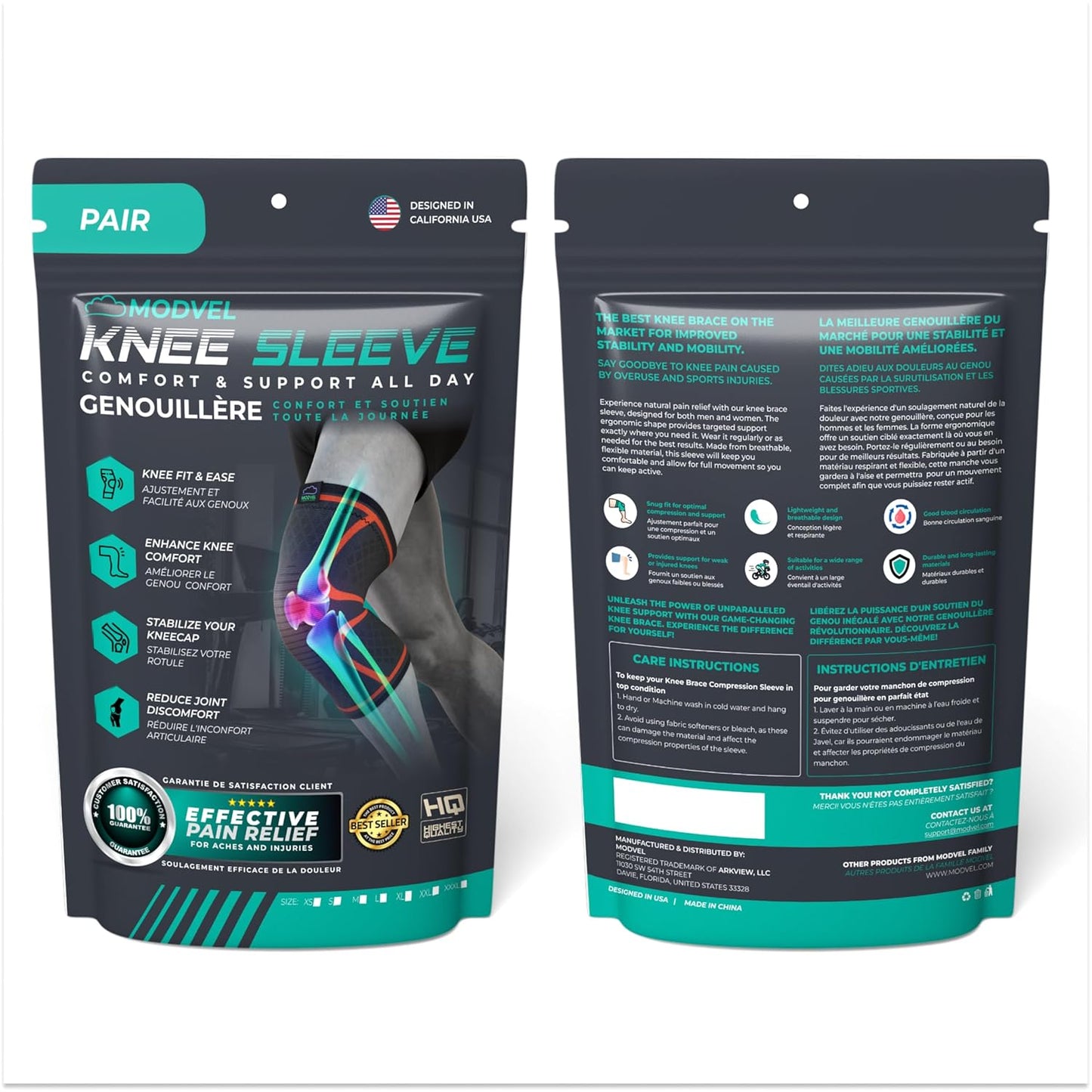 Modvel Compression Knee Brace - 2-Pack Support Sleeves for Running & Pain Relief | Meniscus Tear, ACL, Arthritis