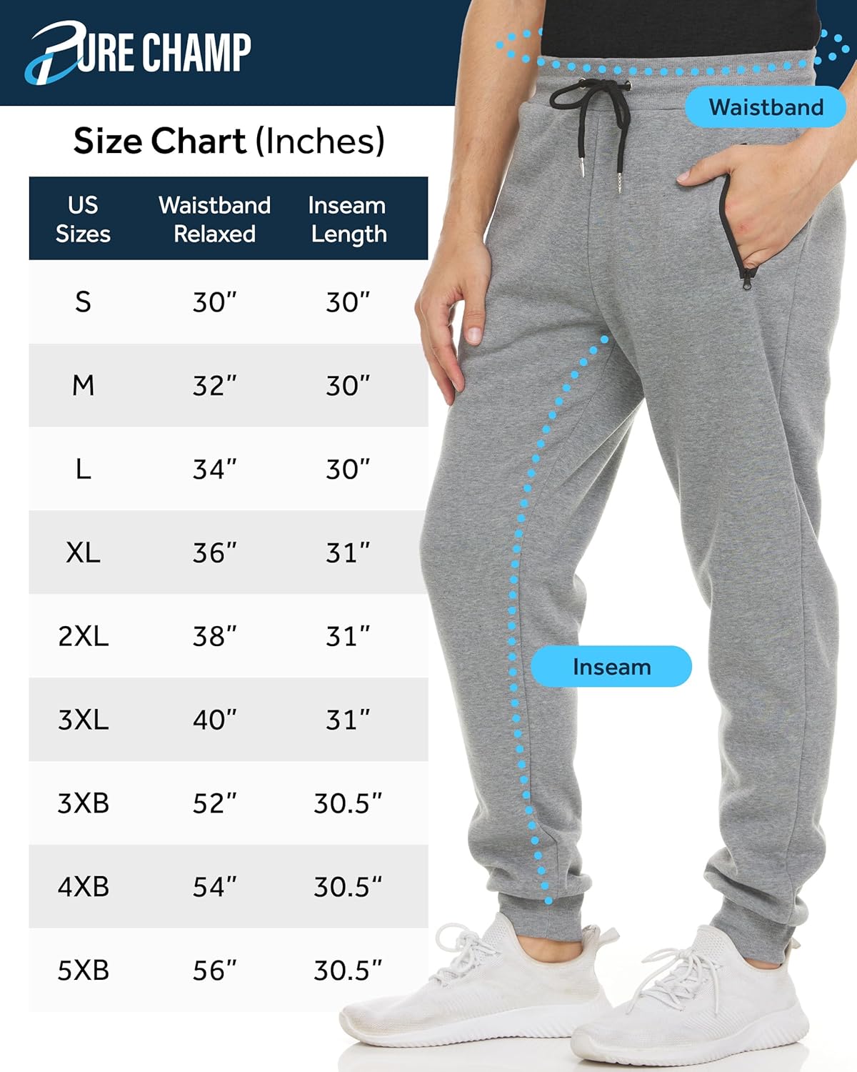 PURE CHAMP Men's Fleece Jogger Sweatpants - 3 Pack with Zipper Pocket | Sizes S-3XL