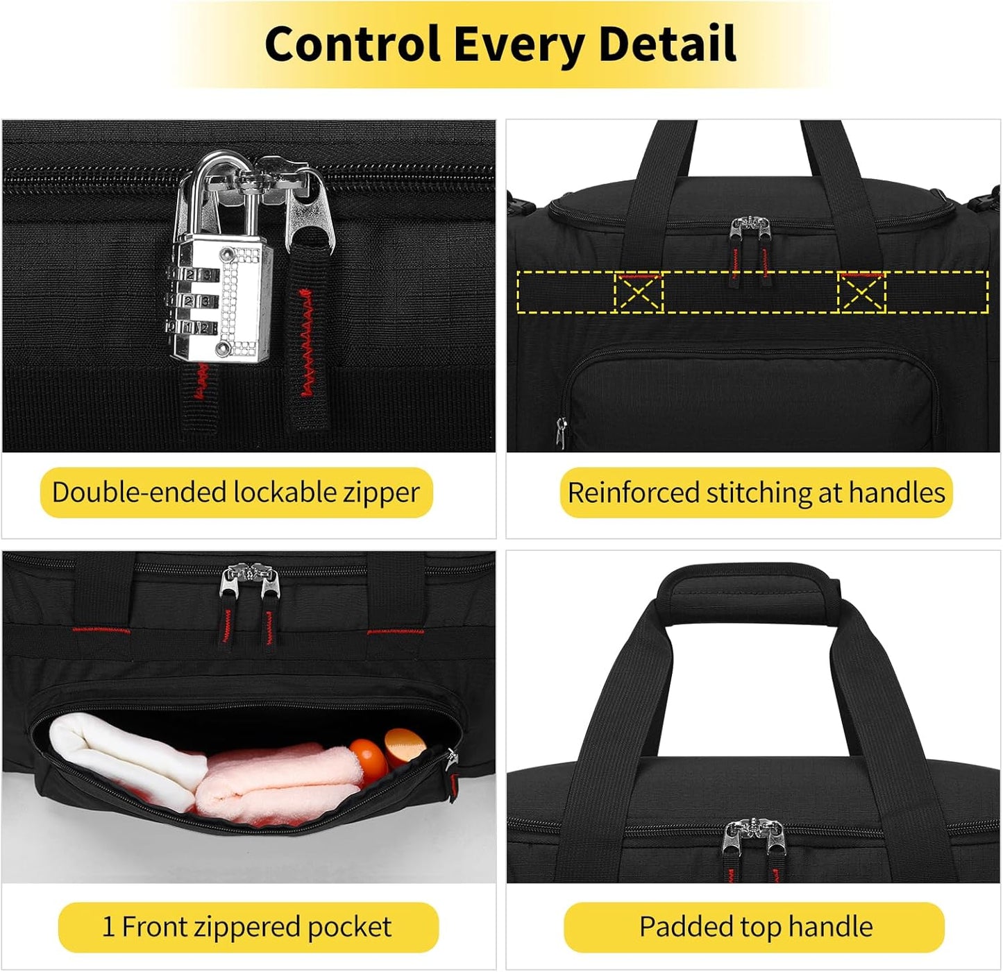 Skiennix 22-Inch Gym Bag for Men - 55L Large Travel Duffle with Multiple Zippered Pockets | Black