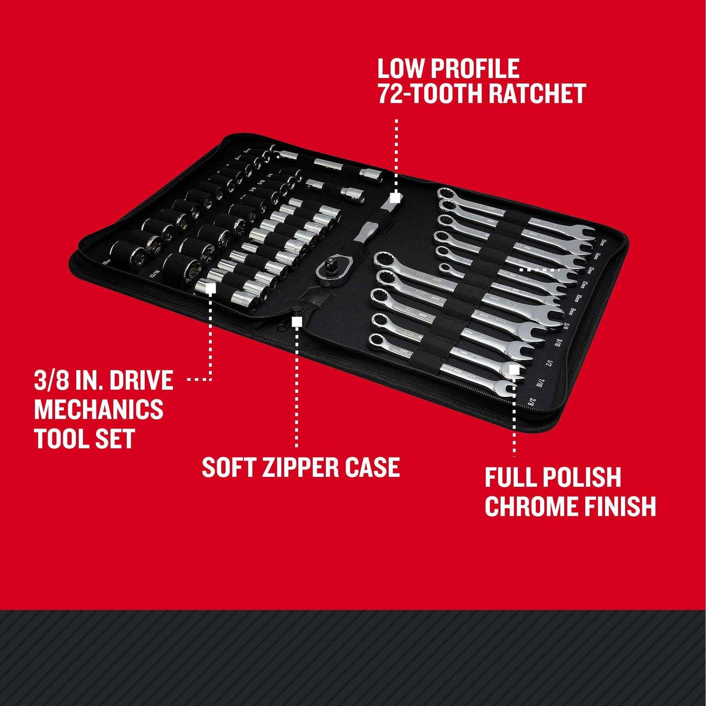 CRAFTSMAN Mobile Mechanics Tool Set, 3/8 Inch Drive, 72 Tooth Ratchet, 47 Piece (CMMT12119)