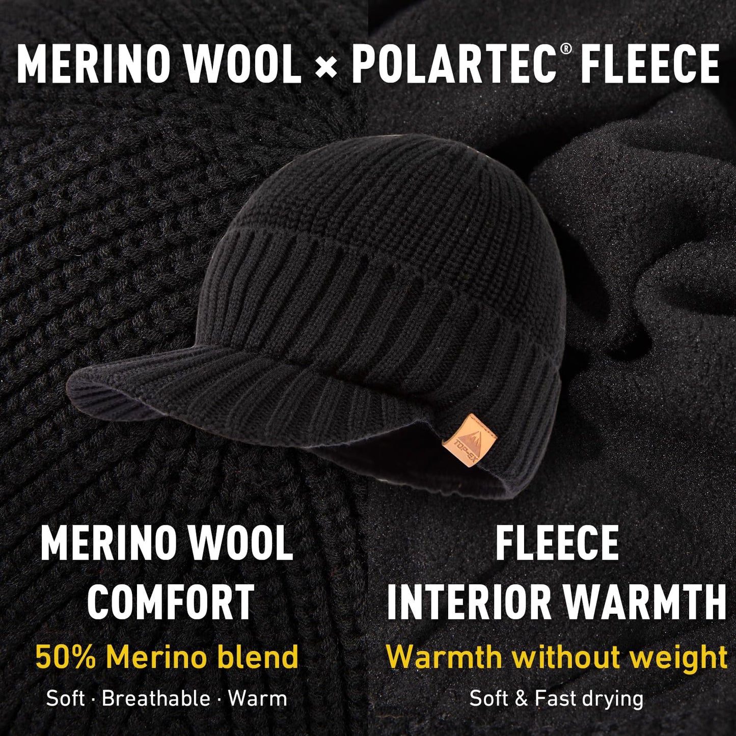 TOP-EX Dryknit Waterproof Merino Wool Mens Winter Ski Beanie Hat with Brim Fleece Lined Thermal Knit Cap for Hiking & Cold Weather Black M/L