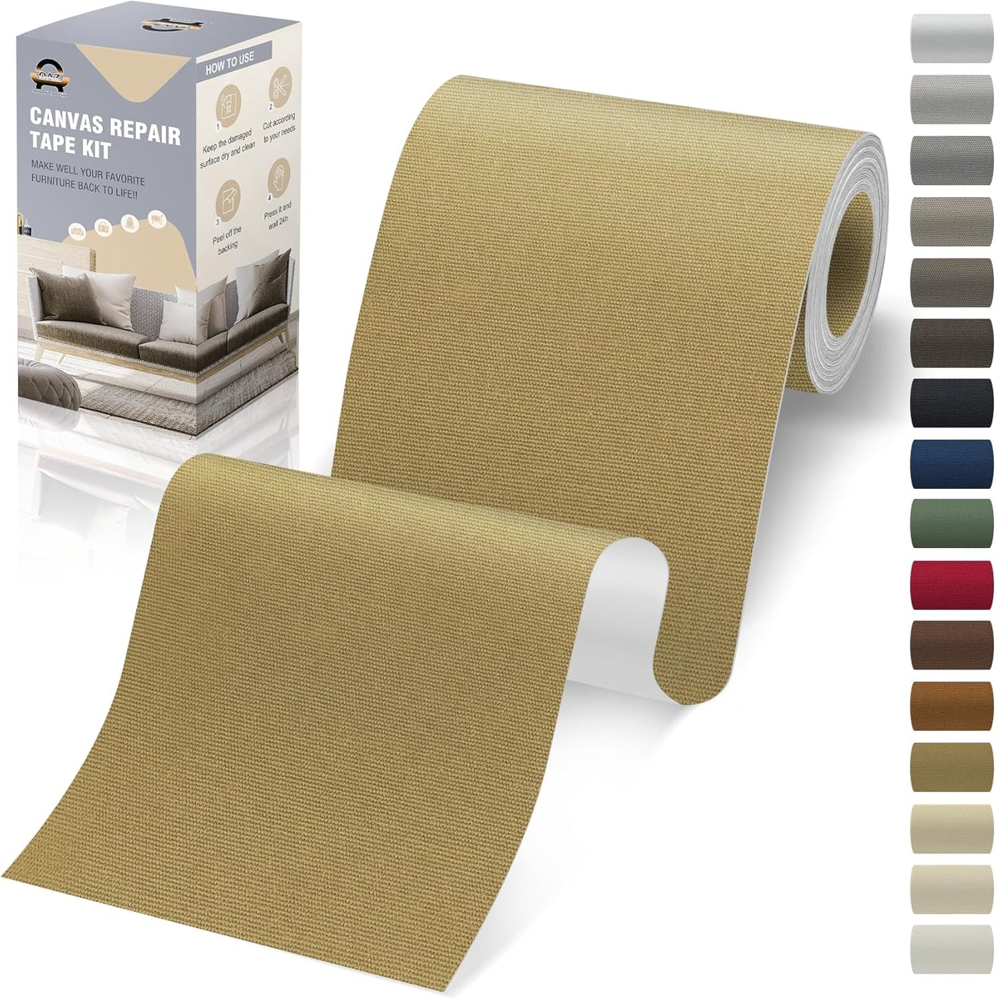 OAZ Canvas Repair Patches - Waterproof Self-Adhesive Fabric Patch Kit for Outdoor Gear | 4 x 79 Inch (Khaki)