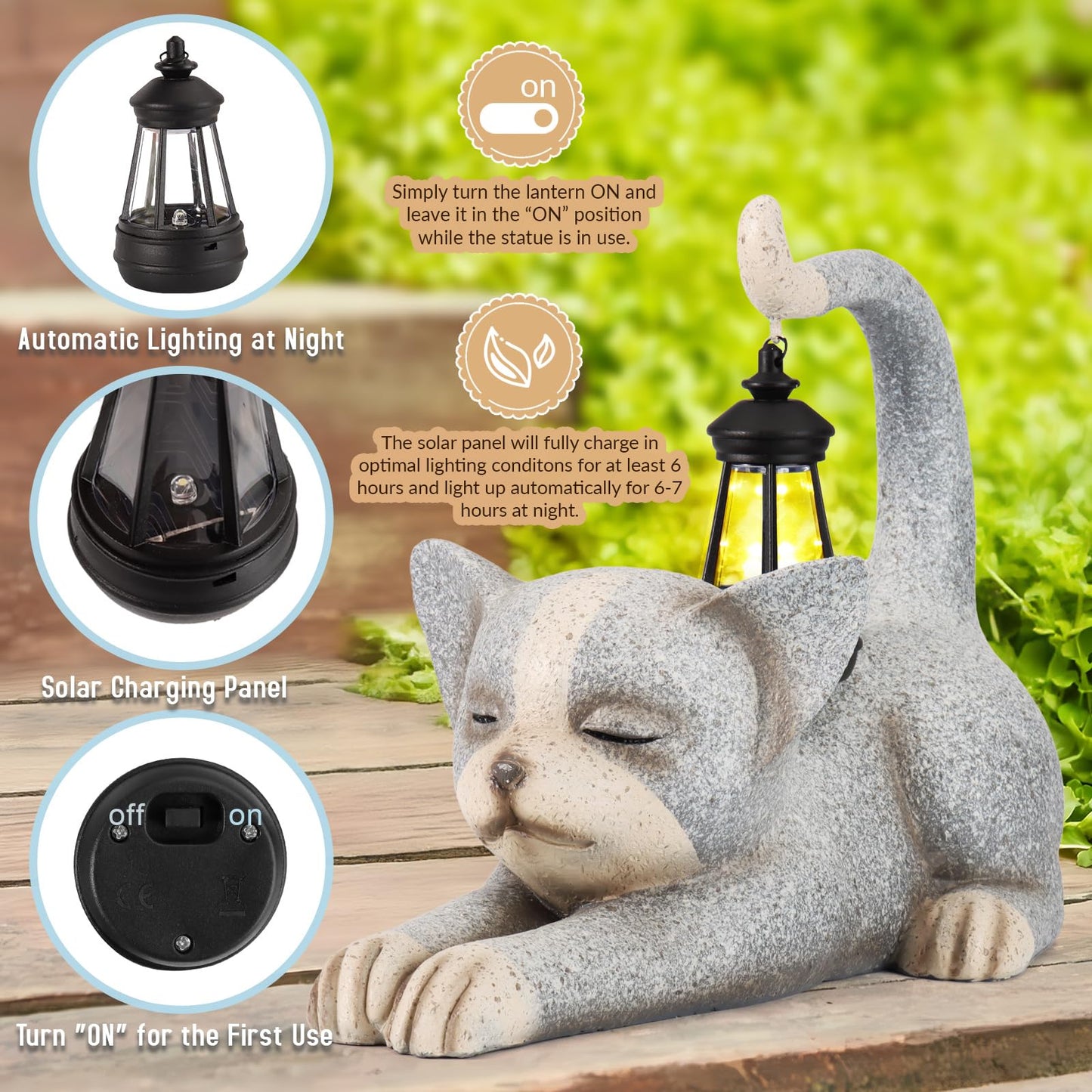 JUMPHIGH Garden Cat Statue with Solar Lantern, Garden Sculpture Decor Animal Figurines Cute Cat for Yard Lawn Patio Balcony Outdoor Ornament, Unique Gifts for Women mom dad