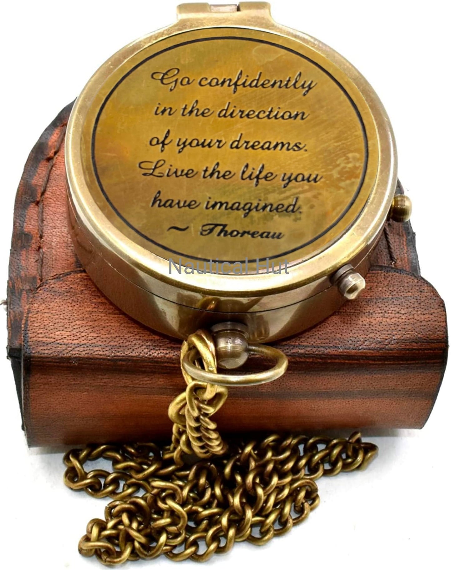 Thoreau's Go Confidently Engraved Solid Brass Nautical Pocket Compass with Leather Case, Brass Compass to Son, Gifts for Men with Famous Poet Quotes, Graduation Day, Birthday, Easter Gift (XII)