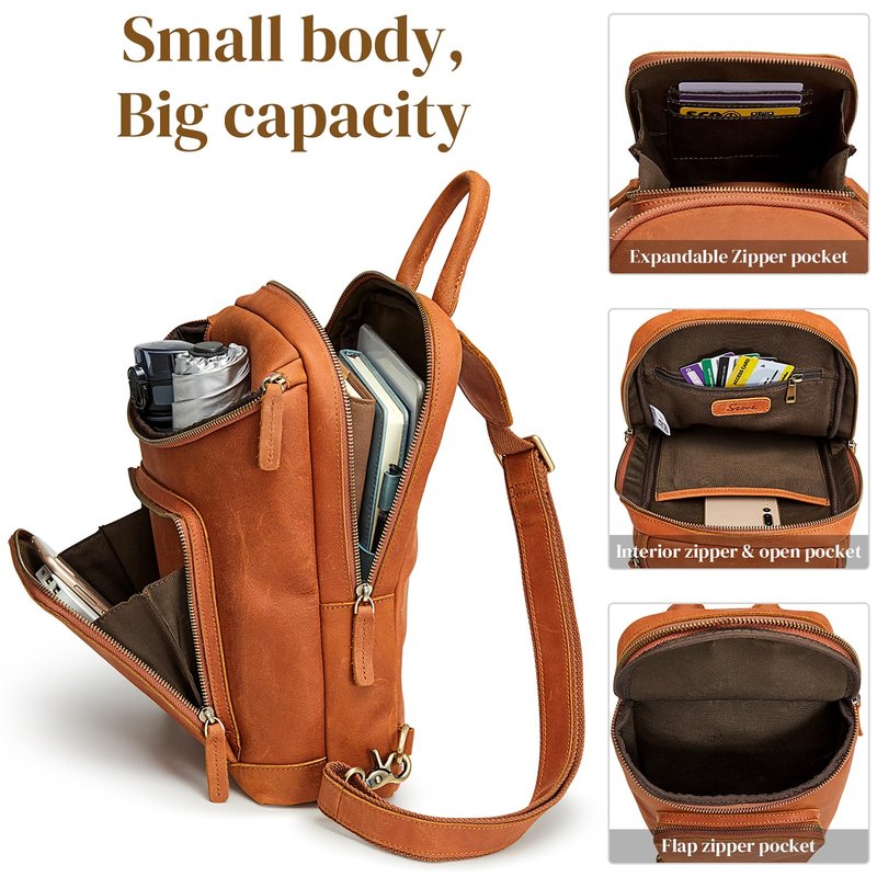 S-ZONE Sling Bag for Women Men Genuine Leather Vintage Crossbody Chest Bags Backpack Daypack Outdoor Travel