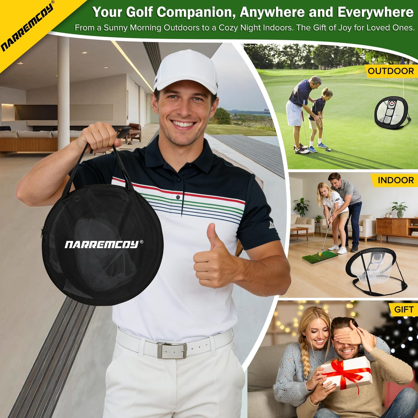 Narremcoy Golf Chipping Net with Tri-Turf Hitting Mat Set - Foldable Practice Target, 12 Foam Balls & 6 Tees in Carry Bag - Indoor Outdoor Backyard Golf Precision Training Gift & Aid for Beginners