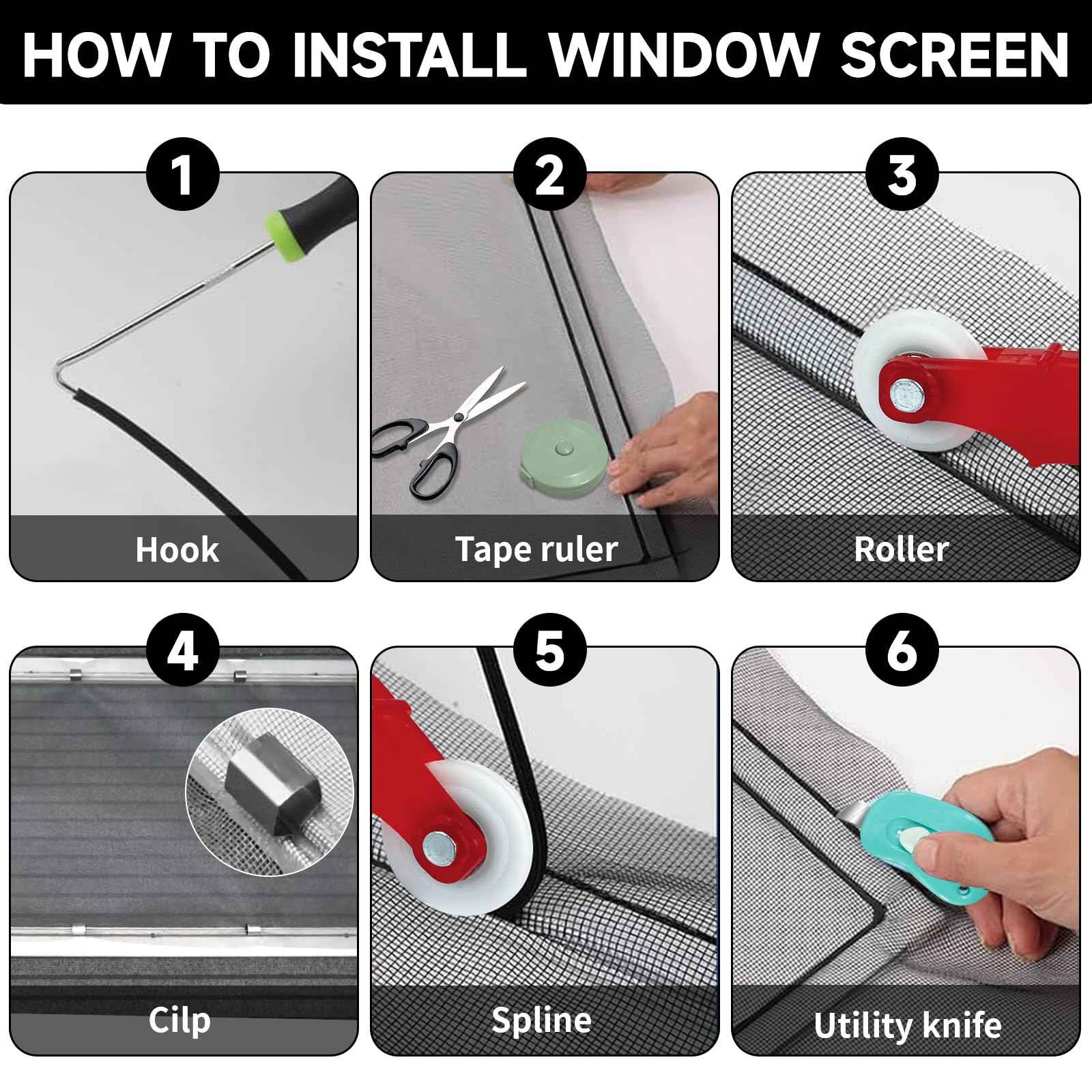 Window Screen Door Repair/Replacement Kit,48" x178" Adjustable Durable Fiberglass Window Screen Mesh,with Spline/Roller/Hook/Clips Screen Door Repair Kit,DIY Window,Porch Sliding Door(Black)