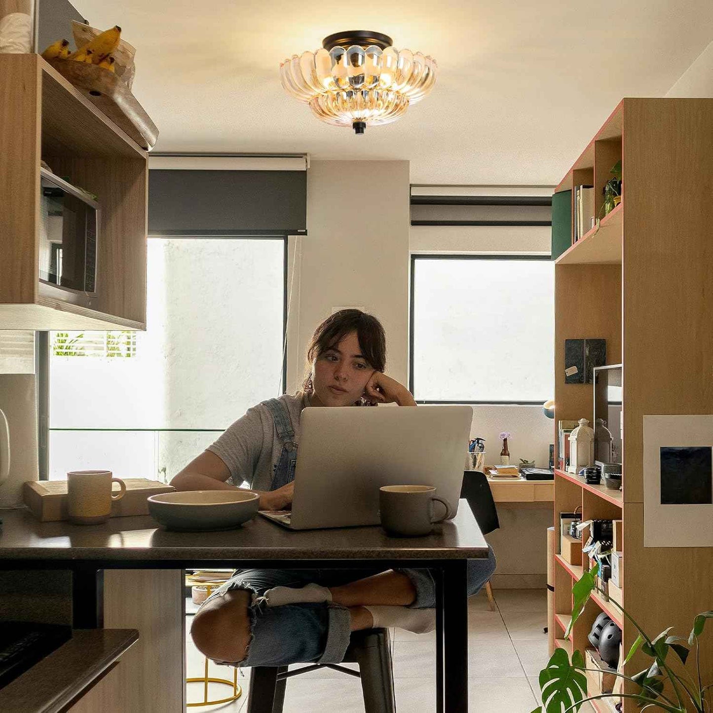 Modern Semi Flush Mount Ceiling Light Fixture with Brown Glass & Black Base - Ideal for Living Room, Kitchen, Bedroom, Hallway (Bulb Not Included)