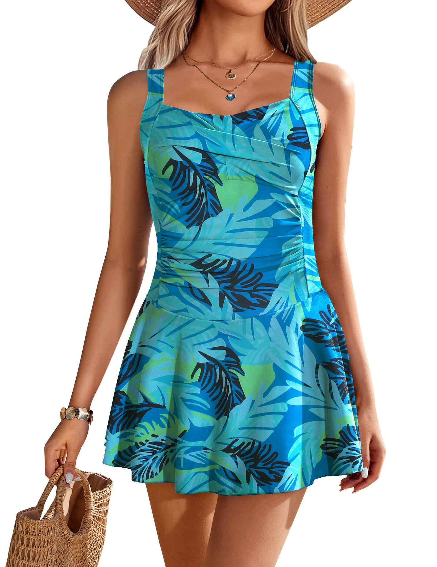 Ekouaer Swim Dress One Piece Bathing Suit Skirted Swimsuits for Women Ruched Retro Swimwear S-XXL