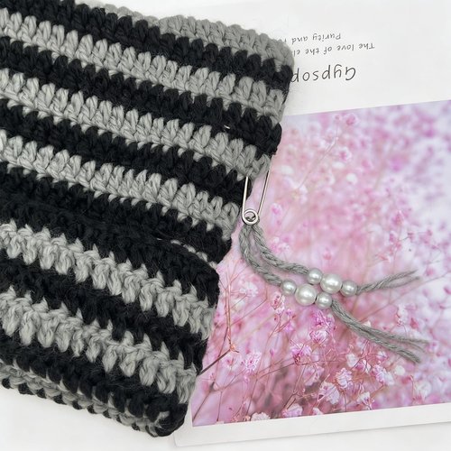 Hshsclth Cat Ear Crochet Beanie Hat Y2K Style with DIY Accessories Goth Knit Hat for Women Girls (US, Alpha, One Size, Black and Grey Stripe)