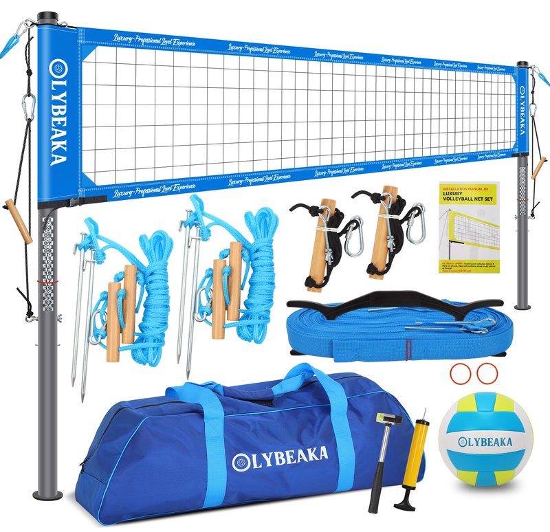 Heavy Duty Professional Volleyball Net Set for Outdoor Backyard Beach with Tetoron Net, 2" Adjustable Aluminum Poles, 2 Tension Adjusters, PU Volleyball and Pump, Carry Bag (Red)