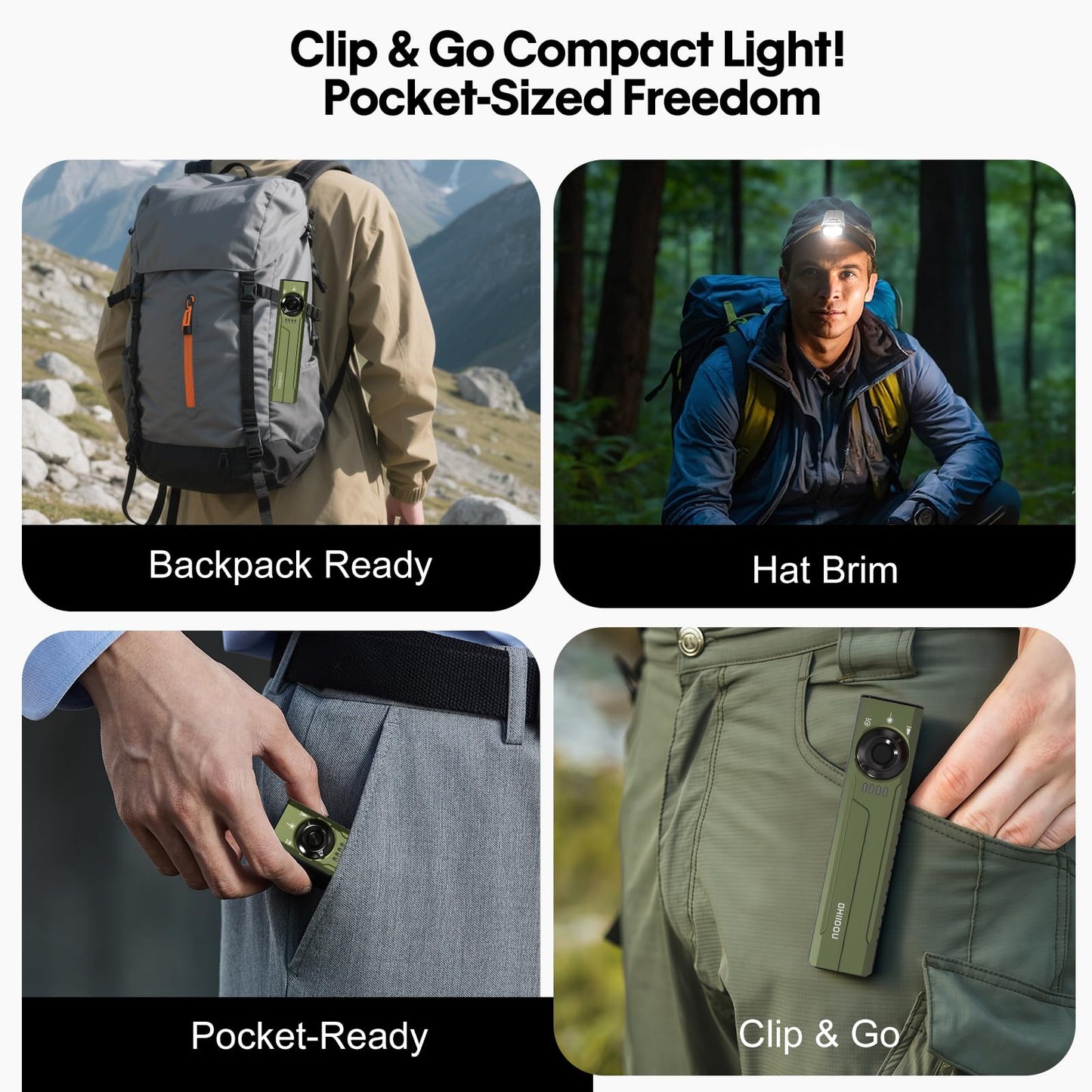 Chiidou Rechargeable EDC Flashlight with White LED, UV and Green Beam Combo, 1500 Lumens Portable Flat Pocket Lights with Magnetic Tail, Clip, Flash Light for Outdoor Camping Essentials (OD Green)