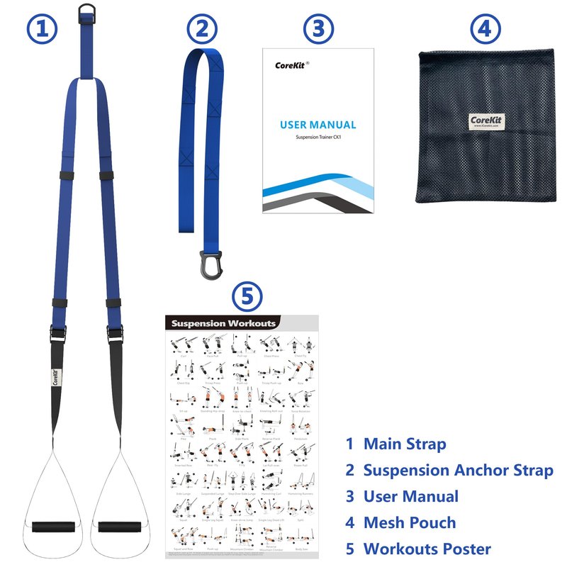 CoreKit Bodyweight Straps for Home Workouts, Full-Body Resistance Training Kit for Strength, Powerlifting, and Core Exercise (Blue)