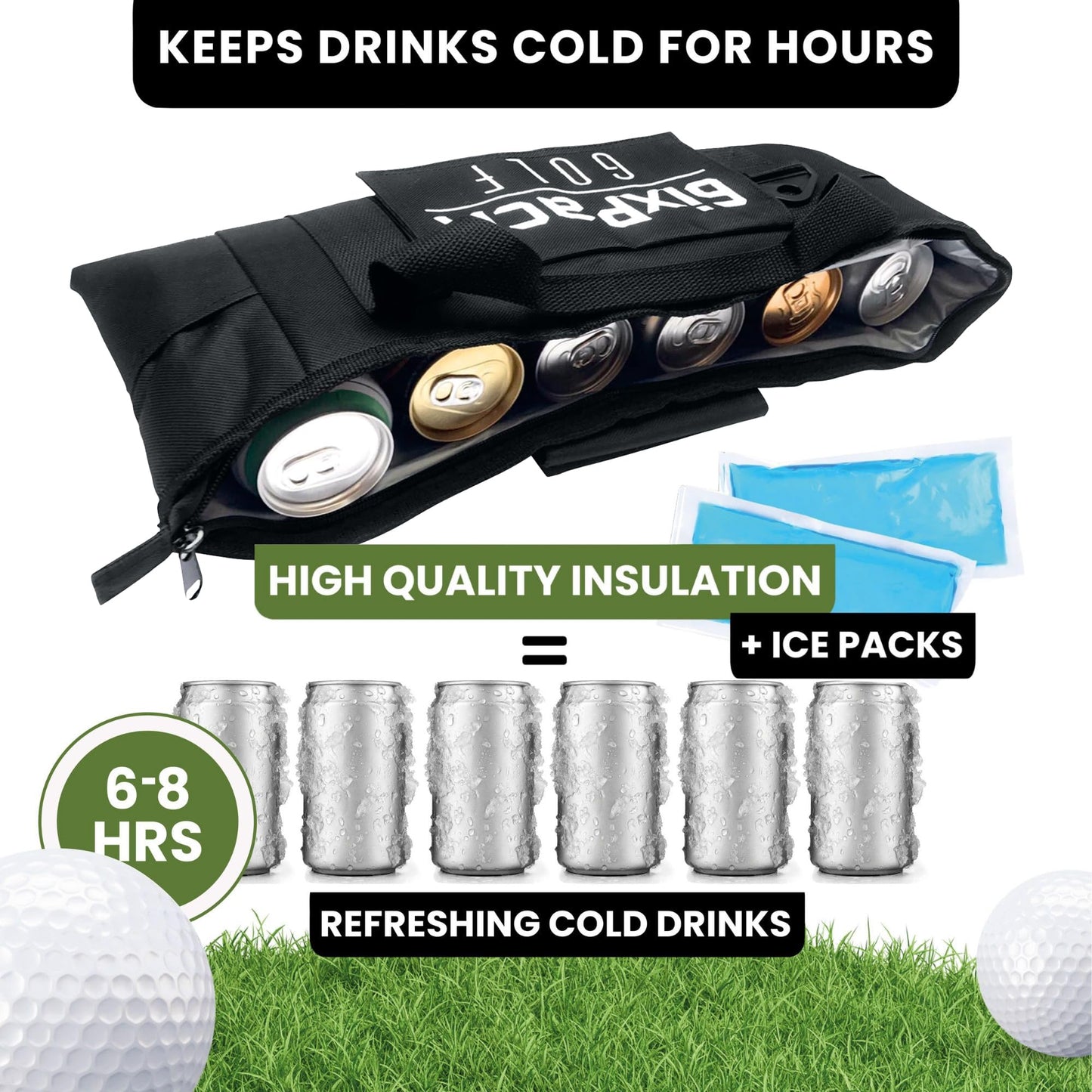 6ixPack Golf Golf Cooler Bag with 2 Ice Packs – Best-Rated Insulated Beer Sleeve Holds 6 Cans or 2 Wine Bottles, Keeps Drinks Cold 6–8 Hours, Fits Most Golf Bags – Accessories for Men