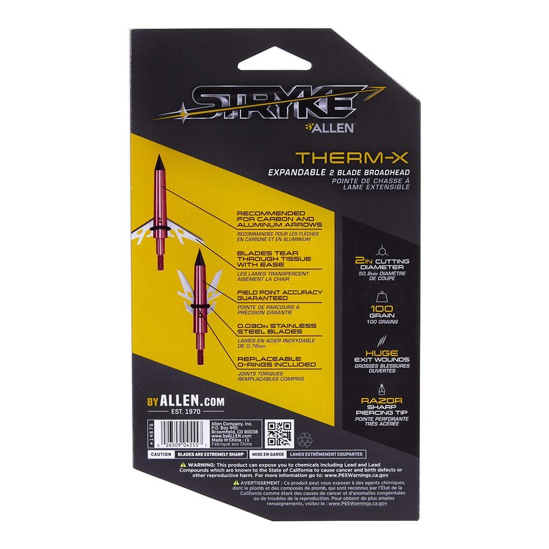 Allen Company Stryke Therm-X 2 Blade Expandable Broadhead, 100-Grain, 3-Pack, Red, One Size, (14676)