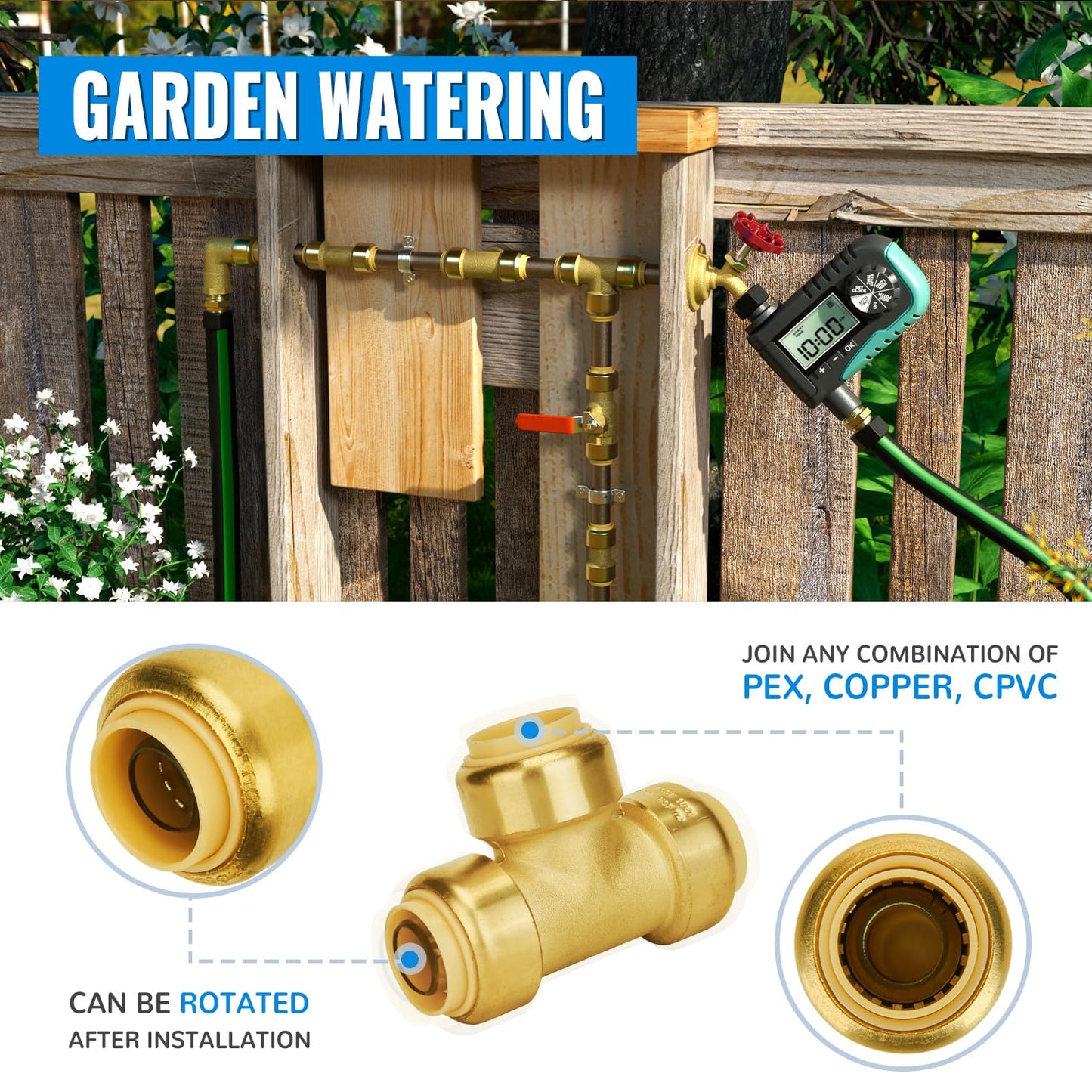 SUNGATOR 12-Pack Tee Plumbing Pipe Connector, 3/4-Inch Push Fit PEX Tee, No Lead Brass T Fittings with Disconnect Clip, Push-to-Connect, Copper, CPVC