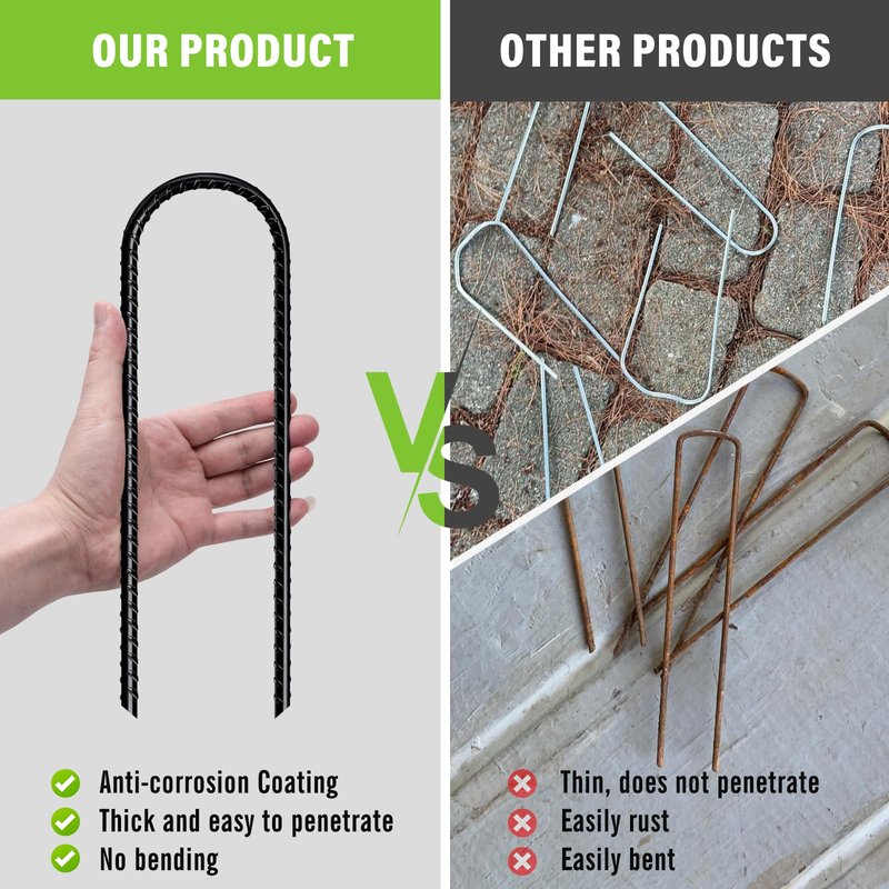 U Shaped Rebar Stakes 12 Inch Heavy Duty Ground Anchors (Pack of 8 Black) Ground Stakes Galvanized Steel, Trampoline Tie Down Anchor, Heavy Duty Stakes for High Wind