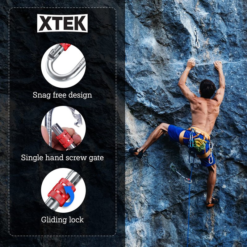 XTEK Climbing 25kn Climbing Carabiner Clip - Heavy Duty O-Shape Steel Locking Caribeaner -Rock Climbing Gear - Strong Large Locking Oval Caribeener for Mountain Climbing