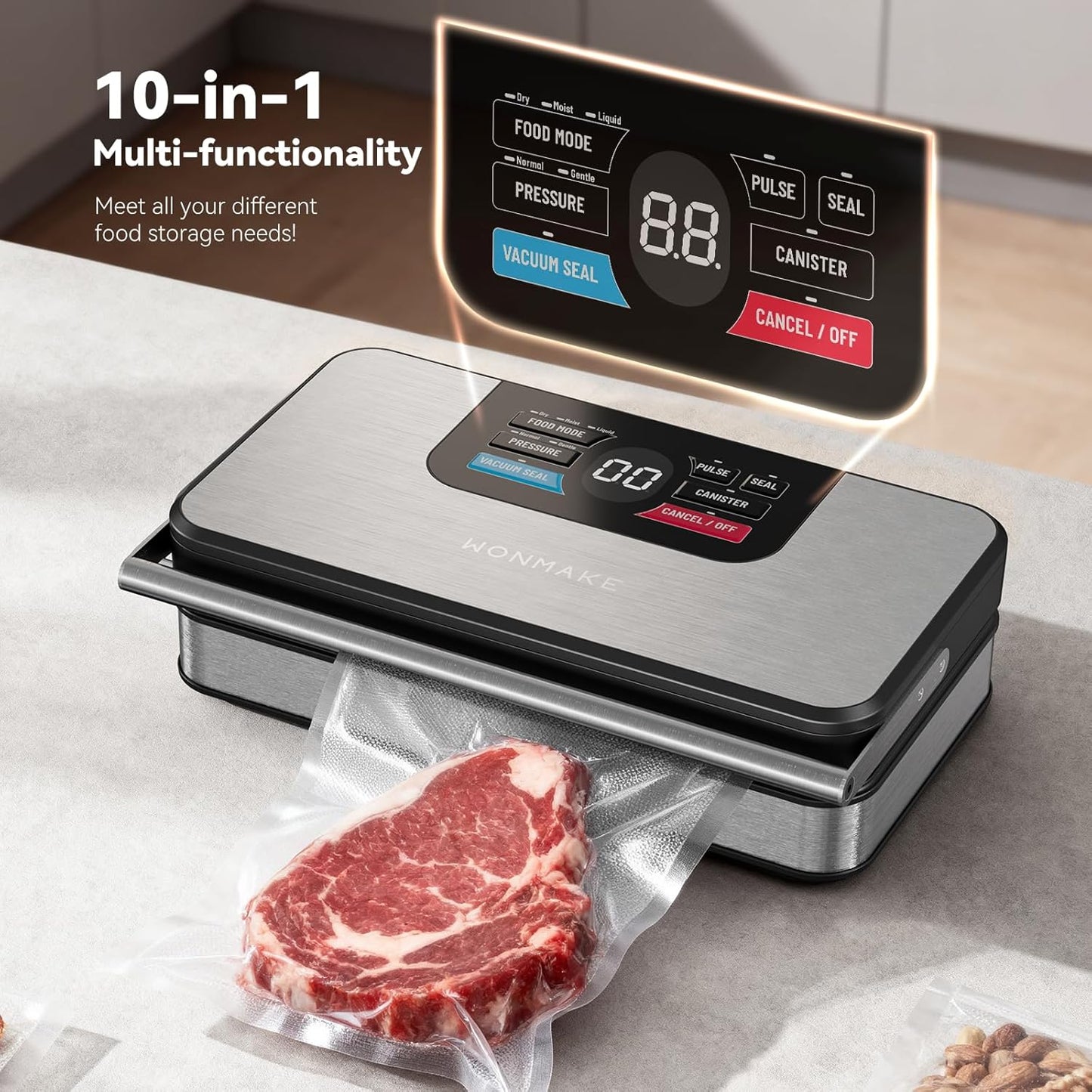 Regine Switzerland 10-in-1 Vacuum Sealer - Powerful 95kPa Food Preservation, Easy Handle & Built-in Cutter