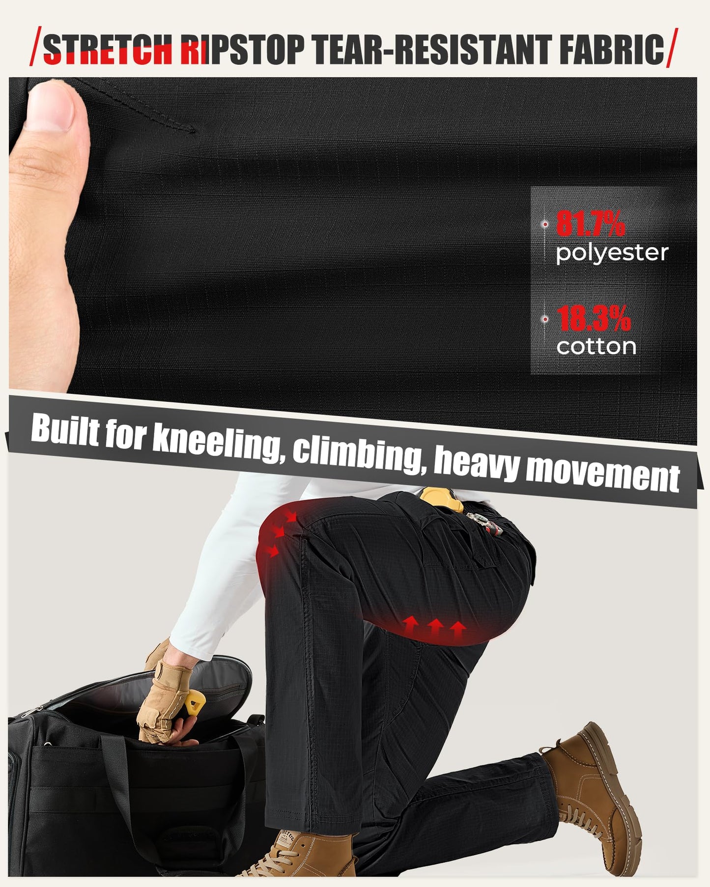 IGOLUMON Ripstop Tactical Work Pants for Men, Stretch Cargo Hiking Pants with 6 Utility Pockets, Reinforced Knees Black