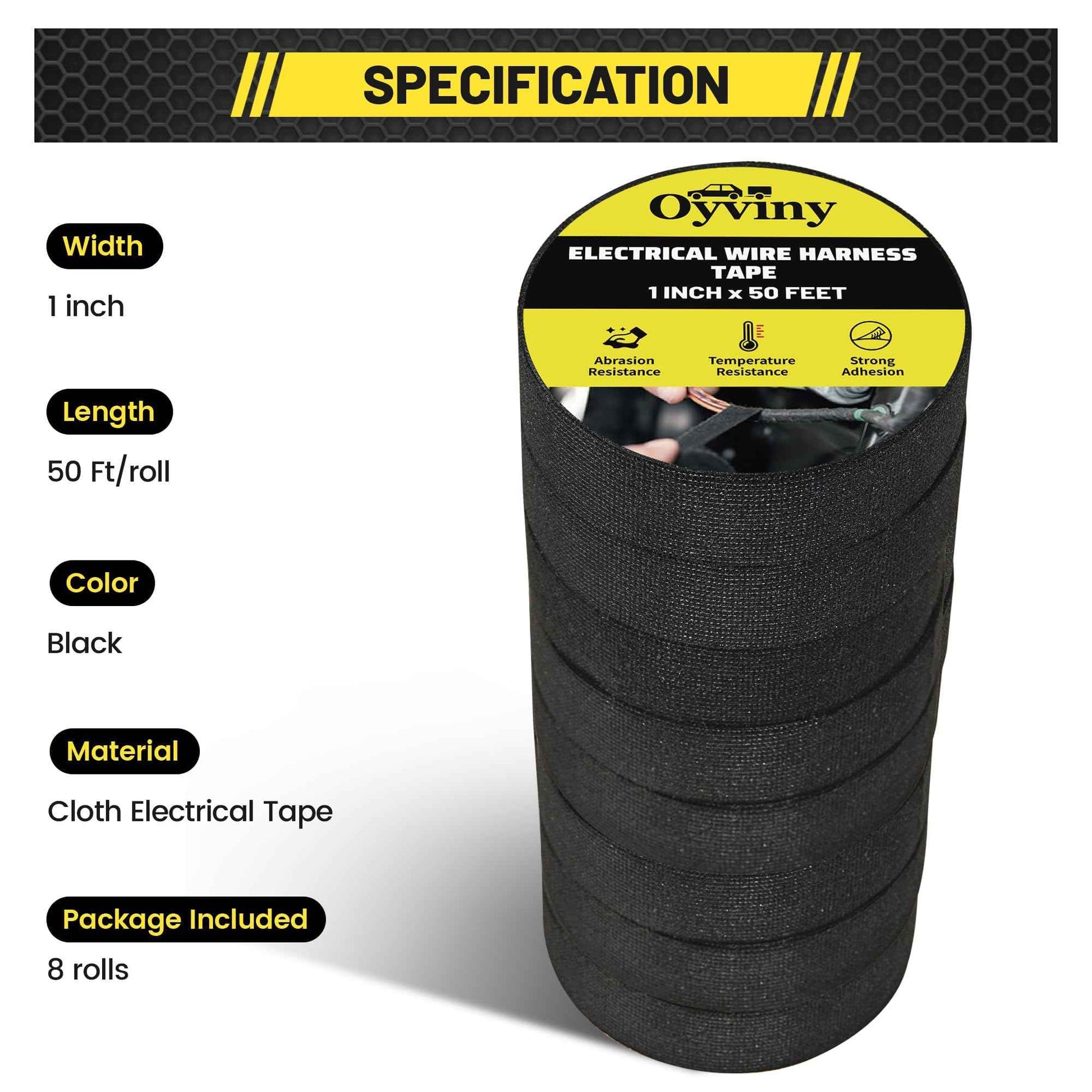 Oyviny 8 Rolls Automotive Wire Harness Cloth Tape 1 Inch x 50 Feet High Temp Self-Adhesive Noise Dampening Electrical Cloth Tape for Car Engine Wire Wrapping Protection Insulation