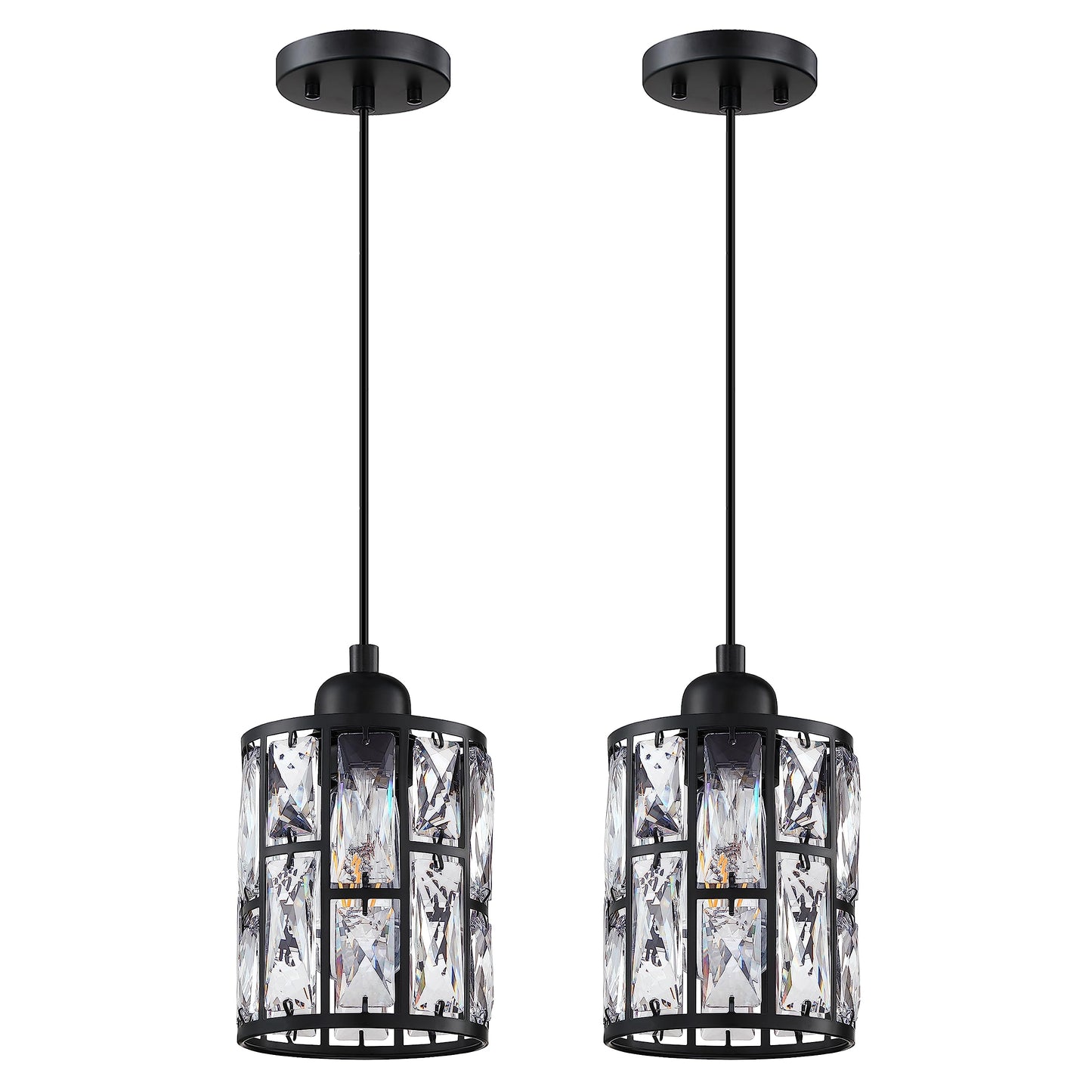 2 Pack 1 Light 5.3" Crystal Hanging Kitchen Island Pendant Light Black Finish,Concise Pendant Fixture Crystal Plate Metal Shade for Bar,Dining Room,Living Room Over Sink