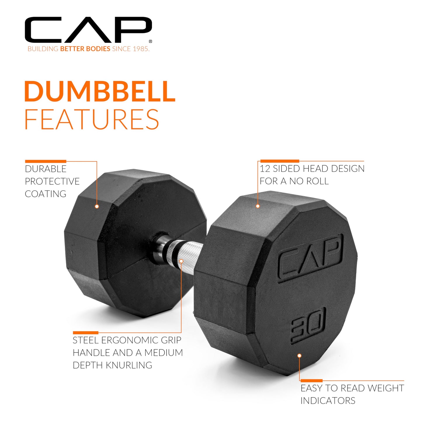 CAP 30lb Rubber Coated 12-Sided Dumbbell, Chrome Grip, Free Weights, Single